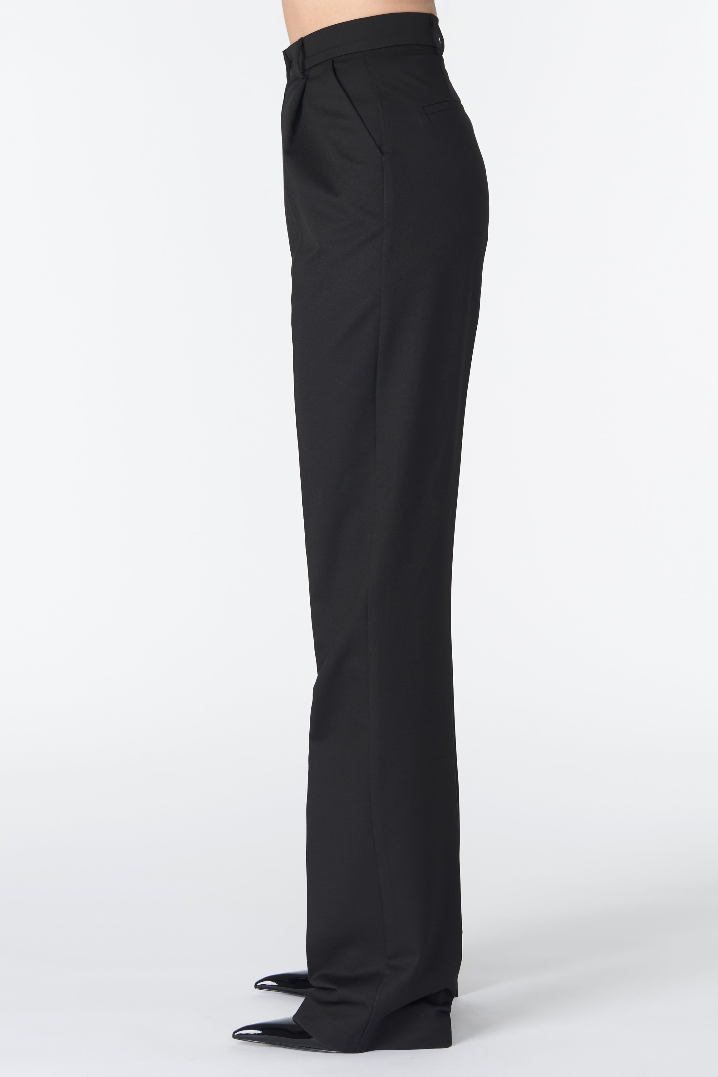 Corja Black suite pant shown from side view, tailored fit with sleek design, perfect for formal or professional wear.